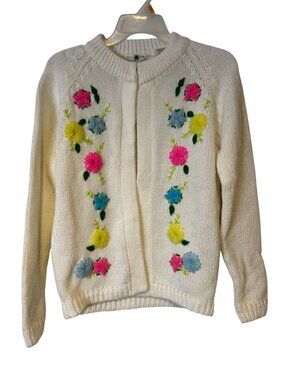 Vintage Knit Floral Cardigan Sweater Womens Medium Miss Holly White Acrylic Summ